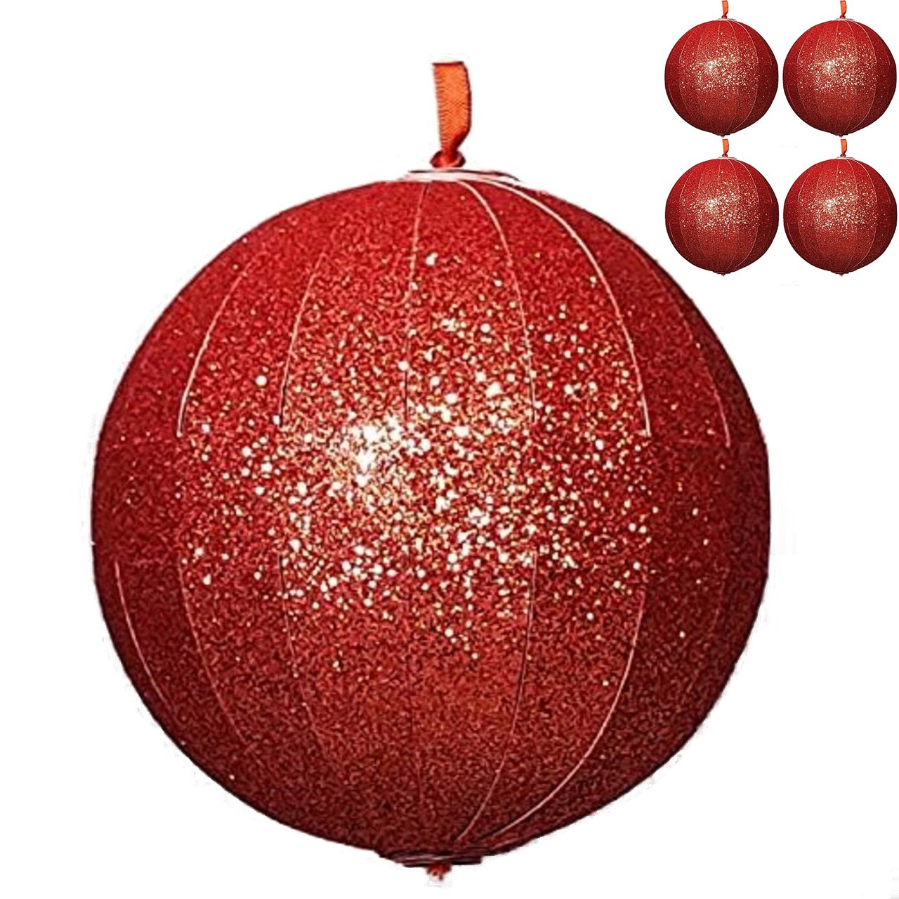POP-UP Glitter Red Christmas Ball Ornaments 4 ct. 3.5"; COLLAPSIBLE Large Big Tree Plastic Baubles; Shatterproof